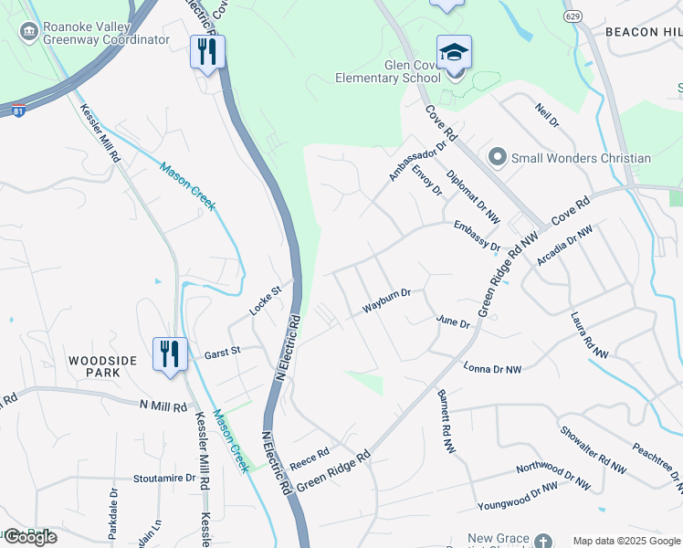 map of restaurants, bars, coffee shops, grocery stores, and more near 3023-3025 Embassy Drive in Roanoke
