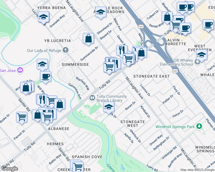 map of restaurants, bars, coffee shops, grocery stores, and more near 995 Tully Road in San Jose