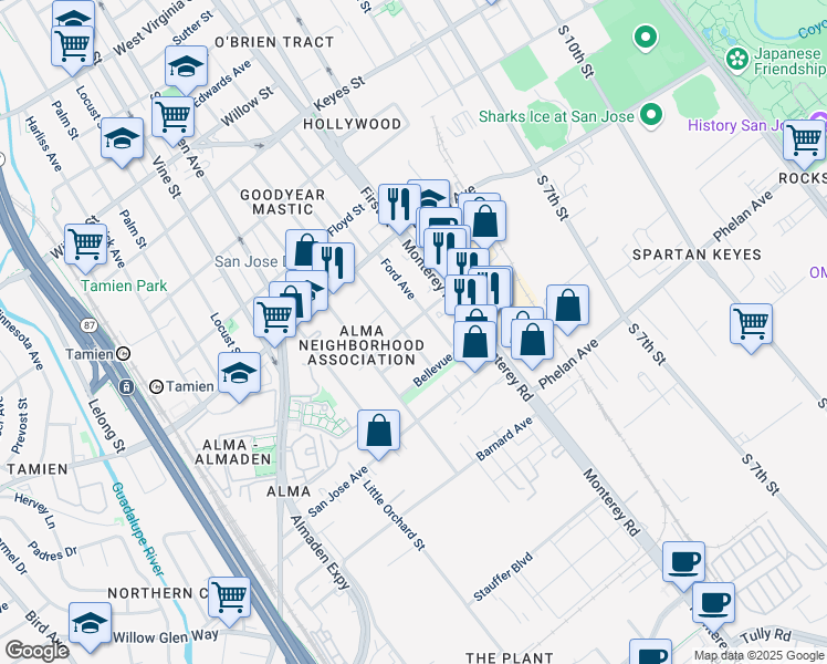 map of restaurants, bars, coffee shops, grocery stores, and more near 1487 Ford Avenue in San Jose