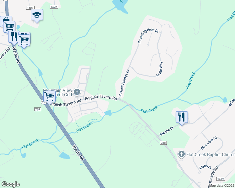 map of restaurants, bars, coffee shops, grocery stores, and more near 42 Russell Springs Drive in Lynchburg