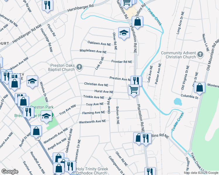 map of restaurants, bars, coffee shops, grocery stores, and more near 189 Christian Avenue Northeast in Roanoke