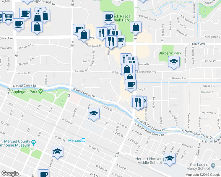 map of restaurants, bars, coffee shops, grocery stores, and more near 2829 Park Avenue in Merced