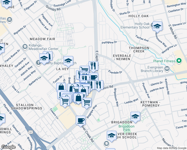 map of restaurants, bars, coffee shops, grocery stores, and more near 3807 Moss Hollow Drive in San Jose