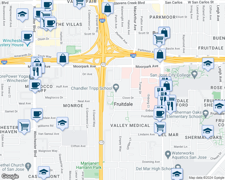 map of restaurants, bars, coffee shops, grocery stores, and more near in San Jose