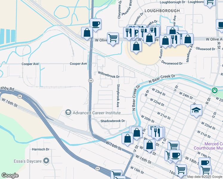 map of restaurants, bars, coffee shops, grocery stores, and more near 1754 Willowbrook Drive in Merced