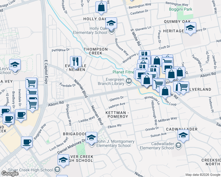 map of restaurants, bars, coffee shops, grocery stores, and more near 3067 Flater Drive in San Jose