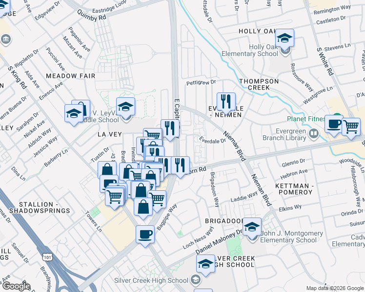 map of restaurants, bars, coffee shops, grocery stores, and more near 3219 Rocky Water Lane in San Jose