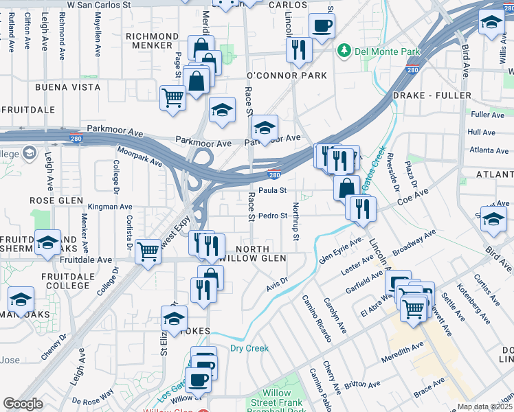 map of restaurants, bars, coffee shops, grocery stores, and more near 705 Race Street in San Jose
