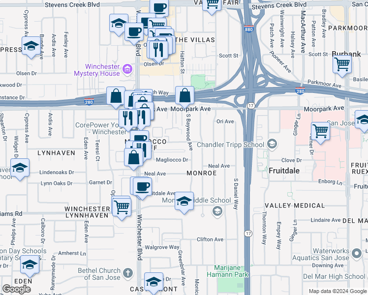 map of restaurants, bars, coffee shops, grocery stores, and more near 716 South Baywood Avenue in San Jose