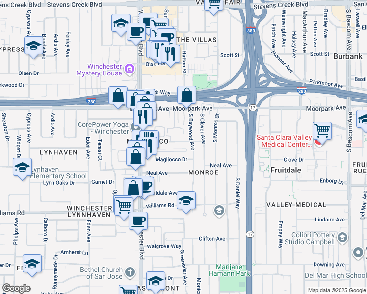 map of restaurants, bars, coffee shops, grocery stores, and more near 2979 Huff Avenue in San Jose