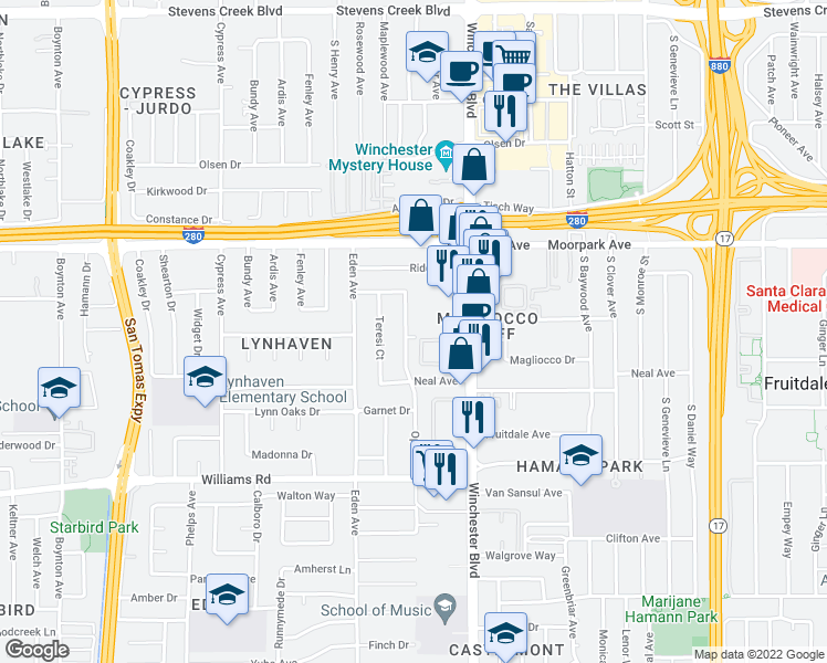 map of restaurants, bars, coffee shops, grocery stores, and more near 737 Opal Drive in San Jose
