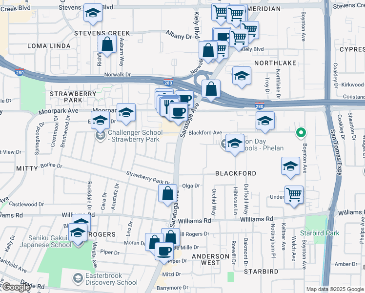 map of restaurants, bars, coffee shops, grocery stores, and more near 715 Saratoga Avenue in San Jose