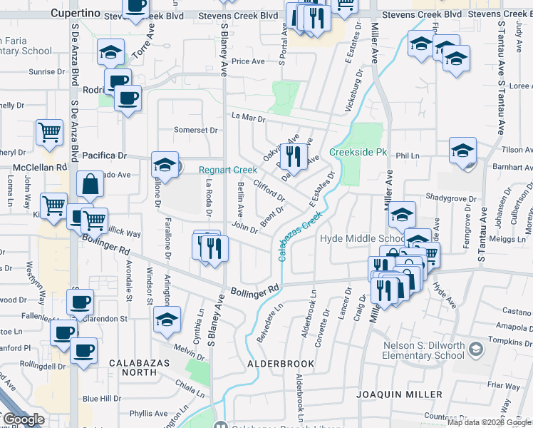 map of restaurants, bars, coffee shops, grocery stores, and more near 6664 Clifford Court in Cupertino