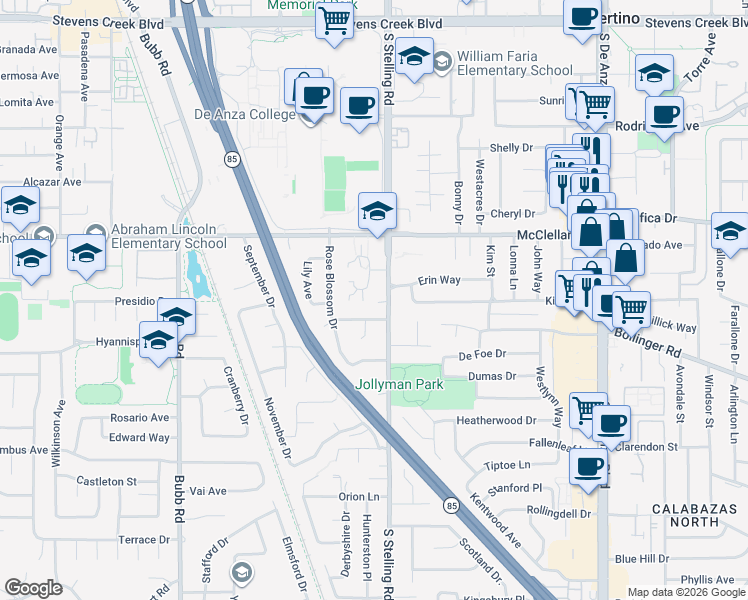 map of restaurants, bars, coffee shops, grocery stores, and more near 10574 White Fir Court in Cupertino
