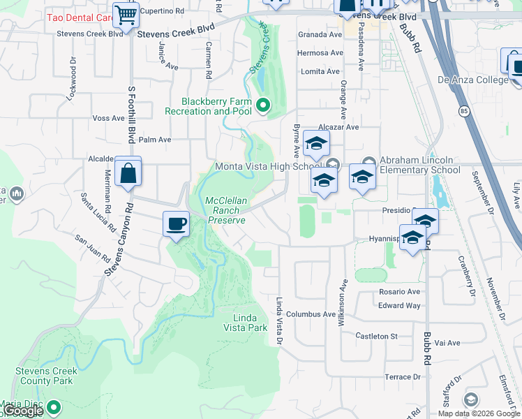 map of restaurants, bars, coffee shops, grocery stores, and more near 22181 McClellan Road in Cupertino