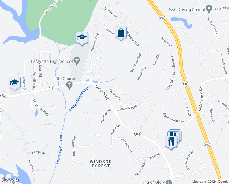 map of restaurants, bars, coffee shops, grocery stores, and more near 113 Tilghman Court in Williamsburg