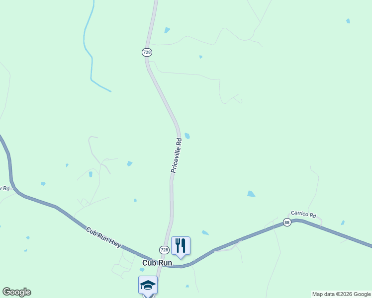 map of restaurants, bars, coffee shops, grocery stores, and more near 13093 Priceville Road in Cub Run
