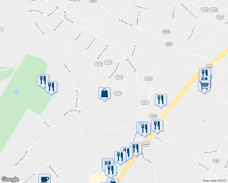 map of restaurants, bars, coffee shops, grocery stores, and more near 2240 Bloomfield Avenue in Roanoke