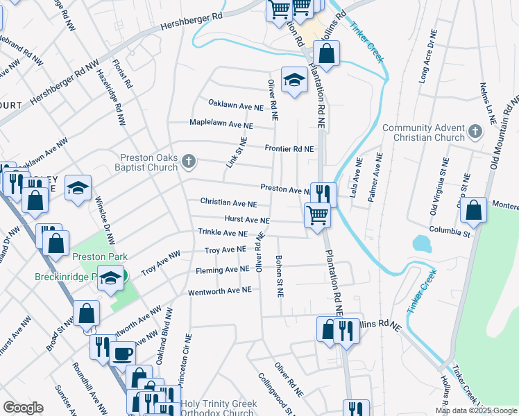 map of restaurants, bars, coffee shops, grocery stores, and more near 189 Christian Avenue Northeast in Roanoke