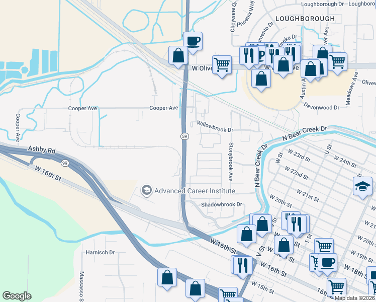 map of restaurants, bars, coffee shops, grocery stores, and more near 2708 California 59 in Merced