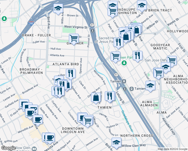map of restaurants, bars, coffee shops, grocery stores, and more near 1050 Villa Maria Court in San Jose