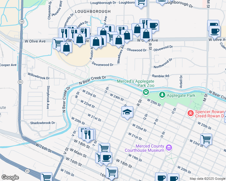map of restaurants, bars, coffee shops, grocery stores, and more near 1337 West Santa Fe Avenue in Merced