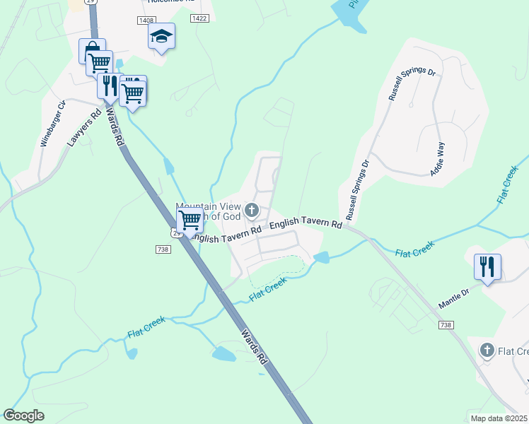 map of restaurants, bars, coffee shops, grocery stores, and more near 12 Catherine Court in Lynchburg