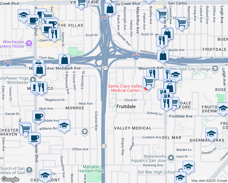 map of restaurants, bars, coffee shops, grocery stores, and more near 870 Catkin Court in San Jose