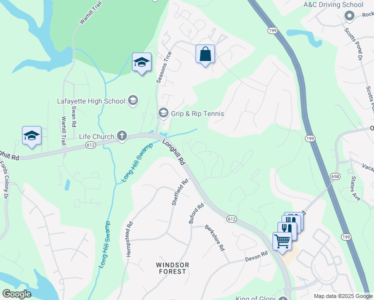 map of restaurants, bars, coffee shops, grocery stores, and more near 113 Tilghman Court in Williamsburg