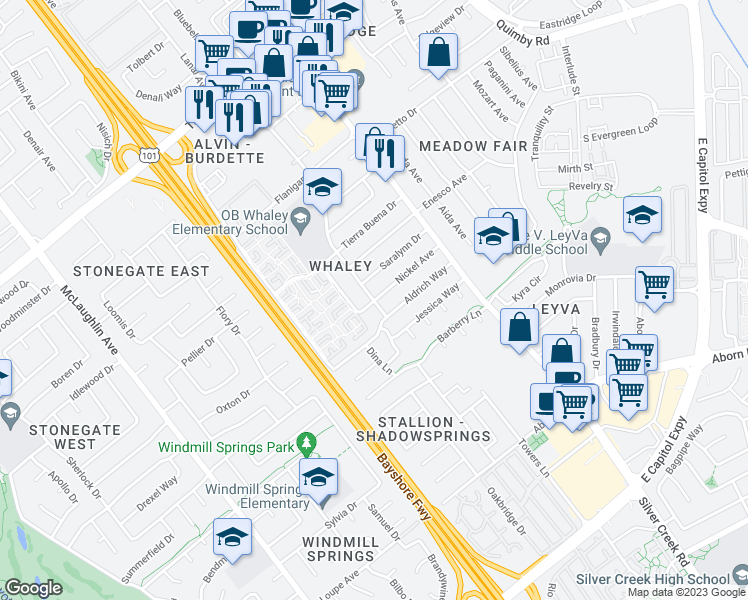 map of restaurants, bars, coffee shops, grocery stores, and more near 2730 Alvin Avenue in San Jose