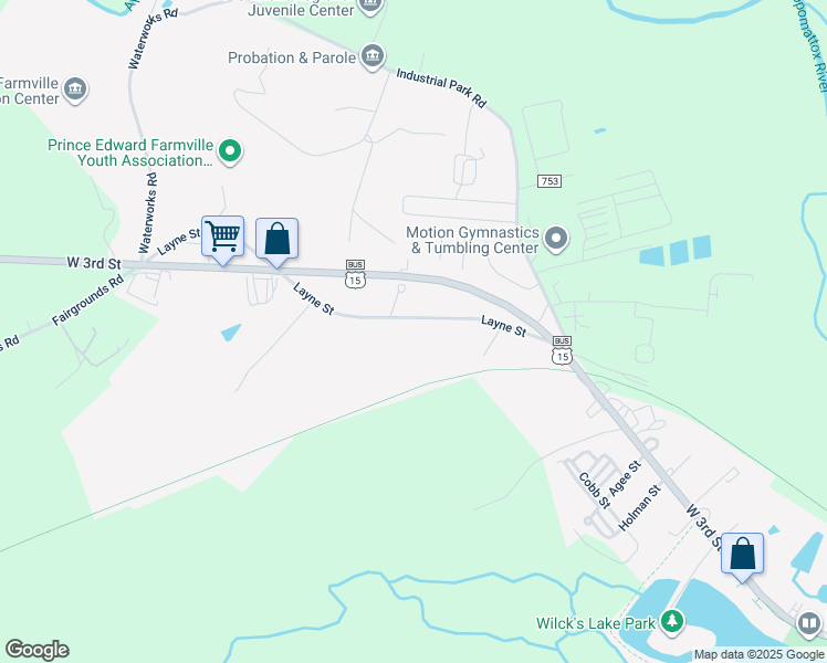 map of restaurants, bars, coffee shops, grocery stores, and more near 2503 Layne Street in Farmville