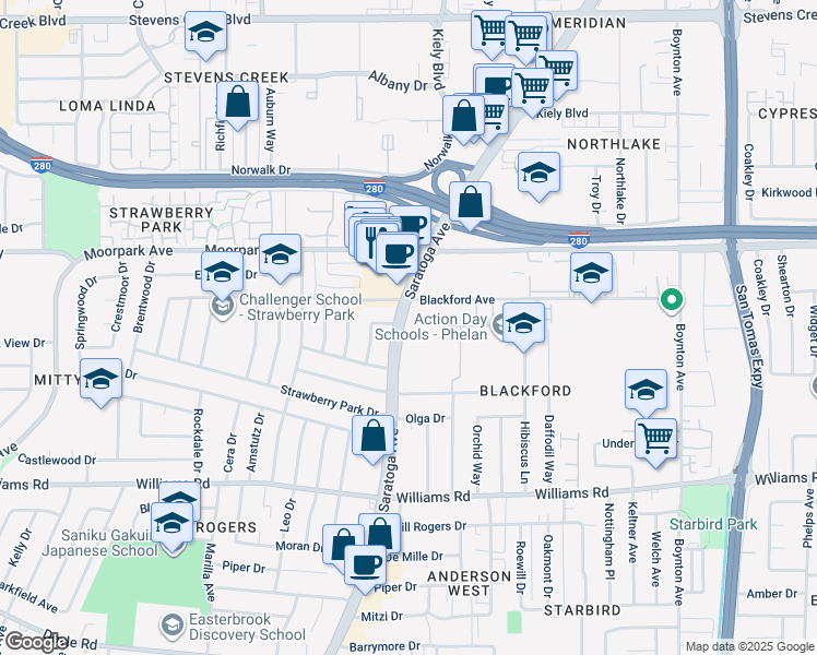 map of restaurants, bars, coffee shops, grocery stores, and more near 700 Saratoga Avenue in San Jose