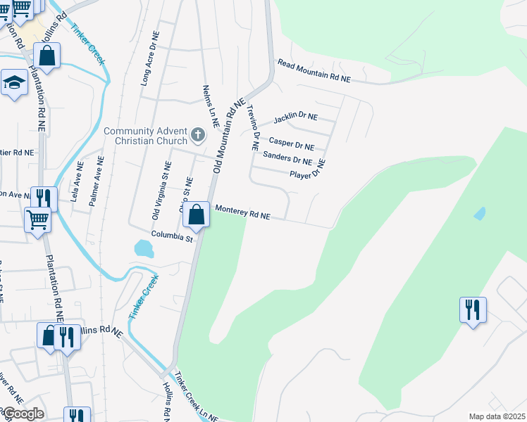 map of restaurants, bars, coffee shops, grocery stores, and more near 1302 Monterey Road Northeast in Roanoke