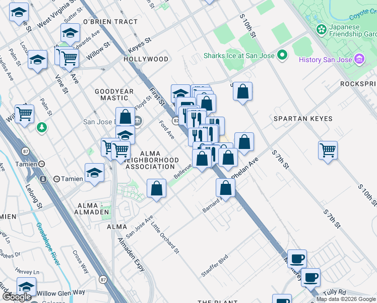 map of restaurants, bars, coffee shops, grocery stores, and more near 1501 Monterey Road in San Jose