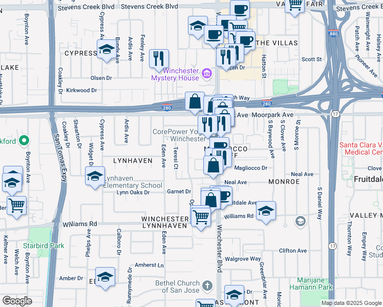 map of restaurants, bars, coffee shops, grocery stores, and more near 737 Opal Drive in San Jose
