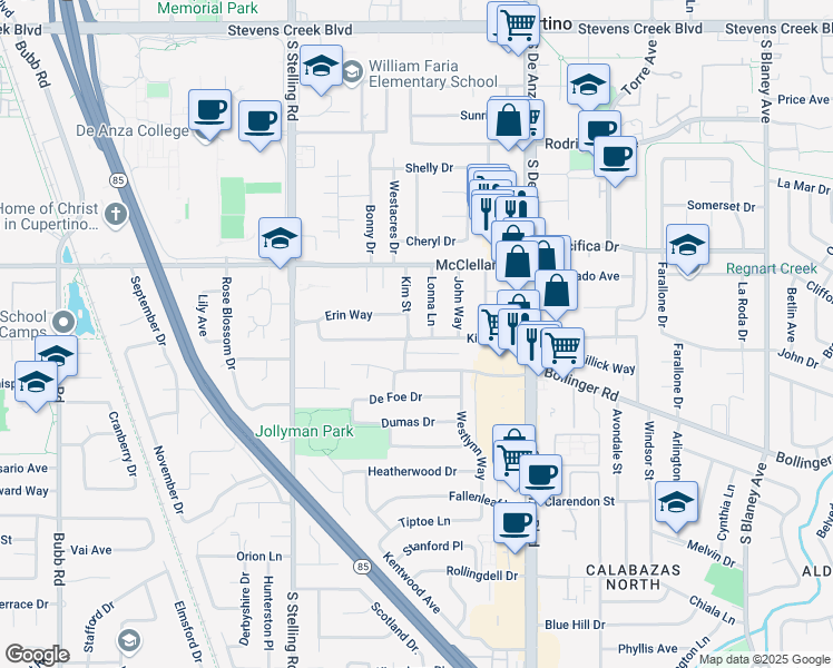 map of restaurants, bars, coffee shops, grocery stores, and more near 864 Kim Street in Cupertino