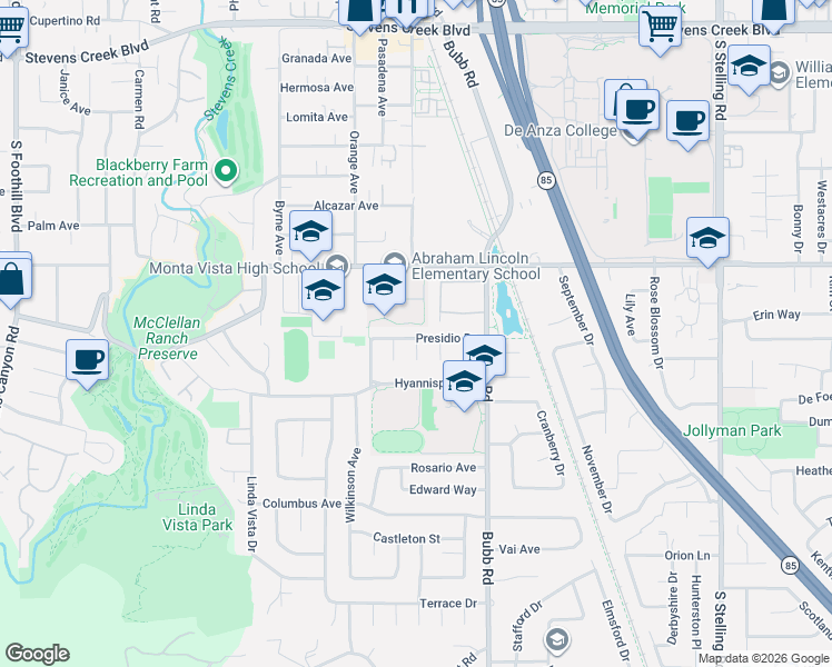 map of restaurants, bars, coffee shops, grocery stores, and more near 8145 Presidio Drive in Cupertino