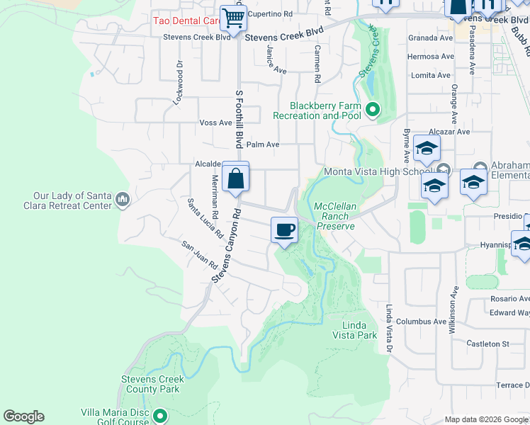 map of restaurants, bars, coffee shops, grocery stores, and more near 22393 McClellan Road in Cupertino