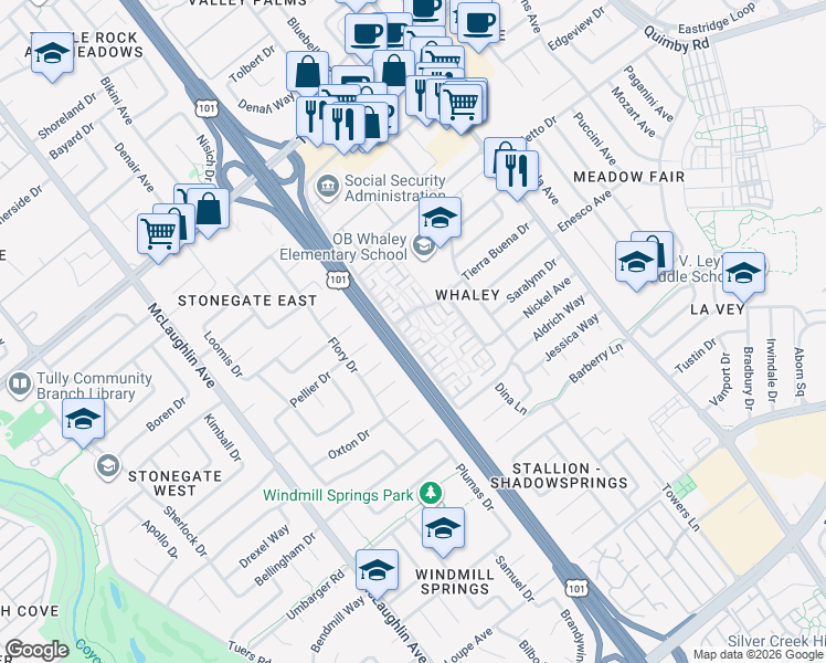 map of restaurants, bars, coffee shops, grocery stores, and more near 2672 Salome Court in San Jose