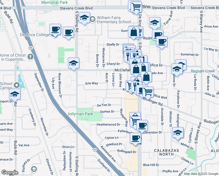 map of restaurants, bars, coffee shops, grocery stores, and more near 864 Kim Street in Cupertino