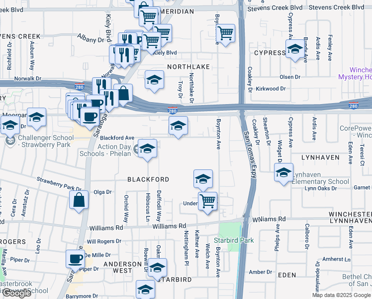 map of restaurants, bars, coffee shops, grocery stores, and more near 3800 Blackford Avenue in San Jose