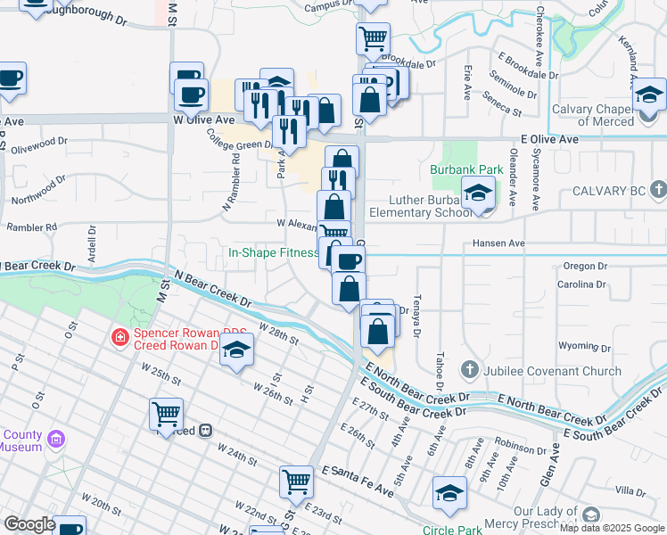 map of restaurants, bars, coffee shops, grocery stores, and more near 2951 G Street in Merced