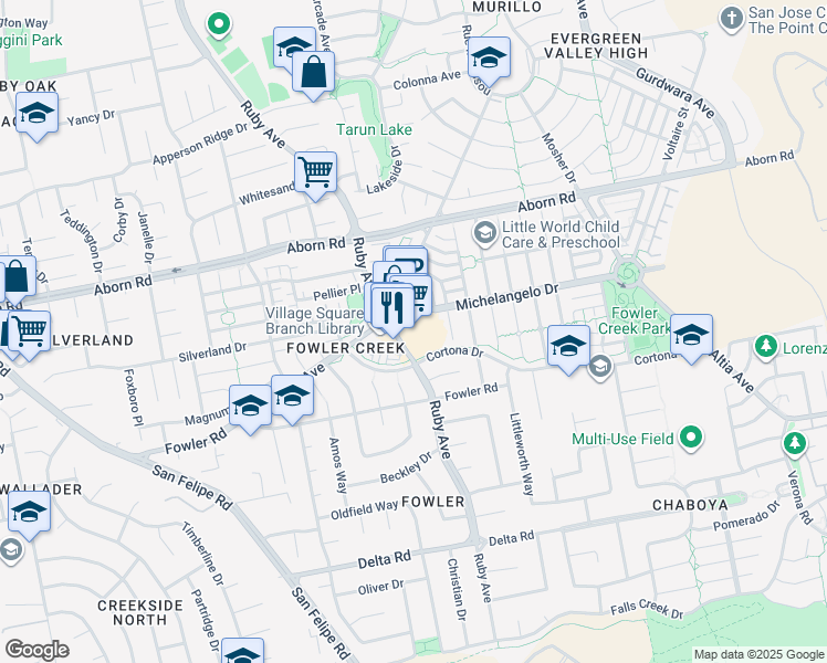 map of restaurants, bars, coffee shops, grocery stores, and more near 4075 Michelangelo Drive in San Jose