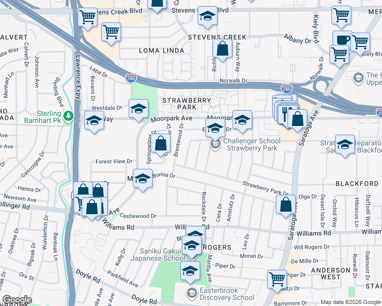 map of restaurants, bars, coffee shops, grocery stores, and more near 722 Live Oak Way in San Jose