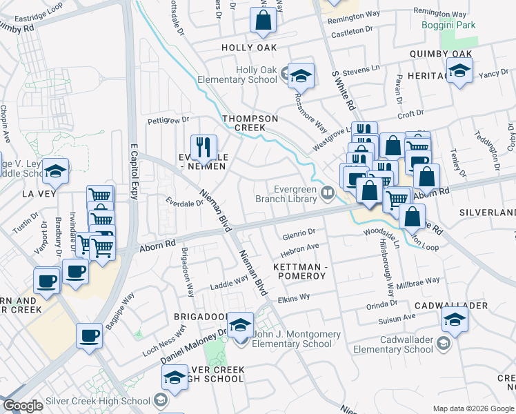 map of restaurants, bars, coffee shops, grocery stores, and more near 2271 Pumpherston Court in San Jose