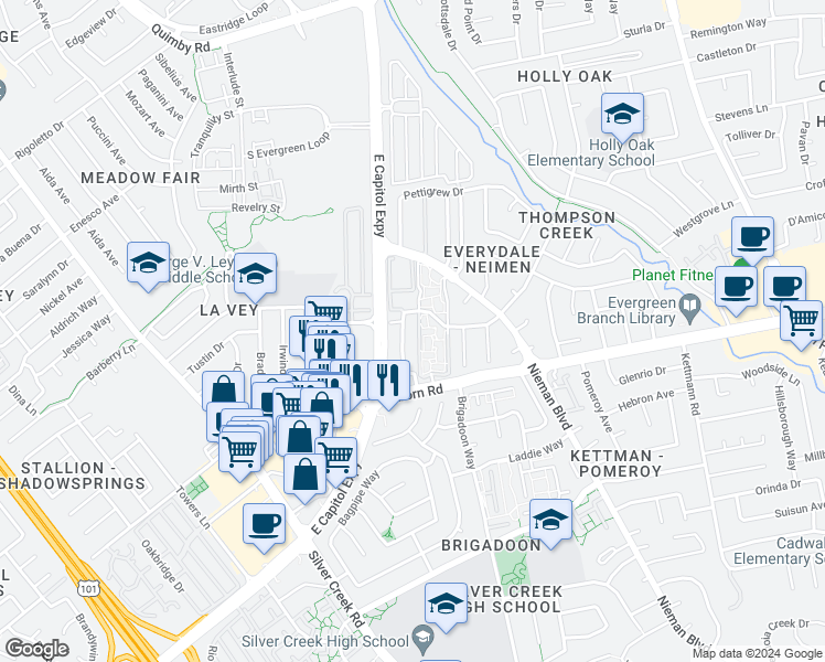 map of restaurants, bars, coffee shops, grocery stores, and more near 3236 Rocky Water Lane in San Jose