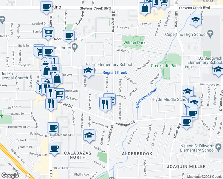map of restaurants, bars, coffee shops, grocery stores, and more near 10659 South Blaney Avenue in Cupertino
