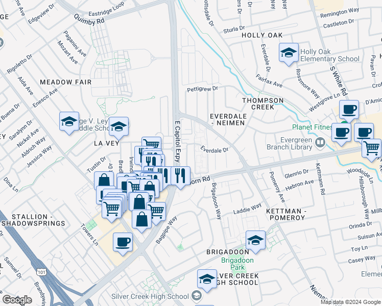 map of restaurants, bars, coffee shops, grocery stores, and more near 3236 Rocky Water Lane in San Jose