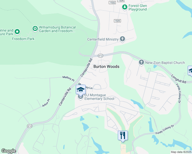 map of restaurants, bars, coffee shops, grocery stores, and more near 3846 War Hill Green in Williamsburg