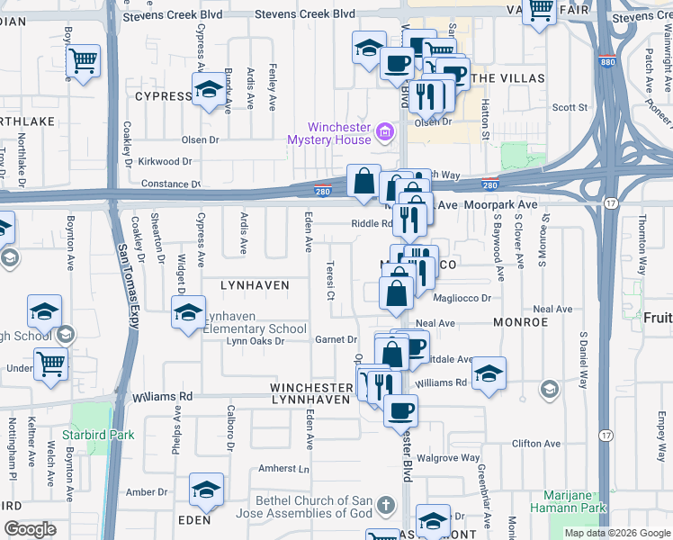 map of restaurants, bars, coffee shops, grocery stores, and more near 737 Opal Drive in San Jose